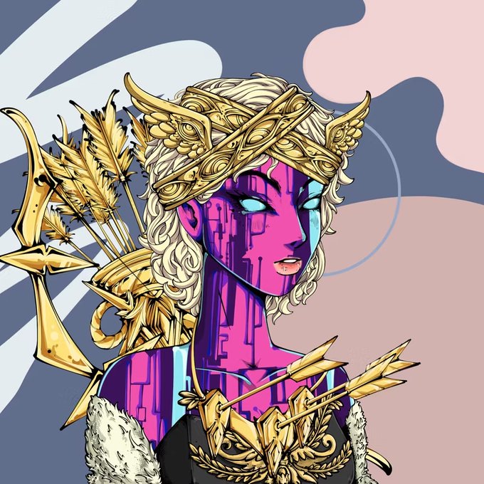A stylized digital illustration of a figure with purple skin, glowing blue eyes, and elaborate golden hair adornments and arrows, reminiscent of the goddess Artemis.