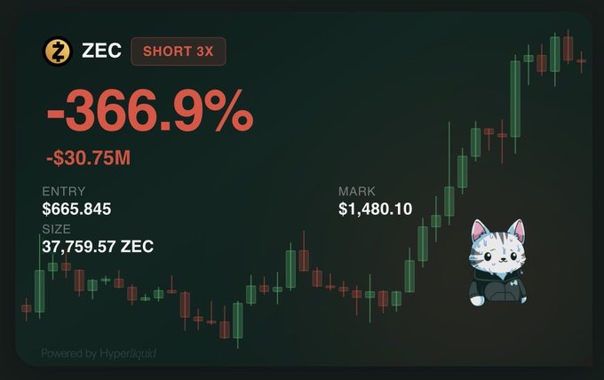 A cryptocurrency trading dashboard showing a ZEC SHORT 3X position with a -366.9% loss of -$30.75M, an entry of $665.845, size of 37,759.57 ZEC, mark of $1,480.10, and a cartoon cat avatar, powered by Hyperliquid.
