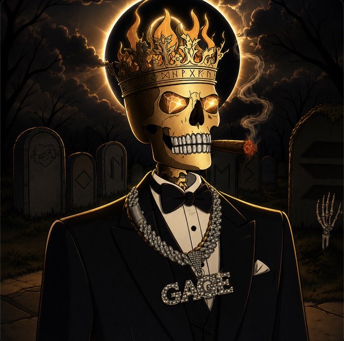 A stylized illustration of a skeleton wearing a crown and tuxedo with diamond chains spelling 'GANG', smoking a cigar, with fiery eyes set against a graveyard background.