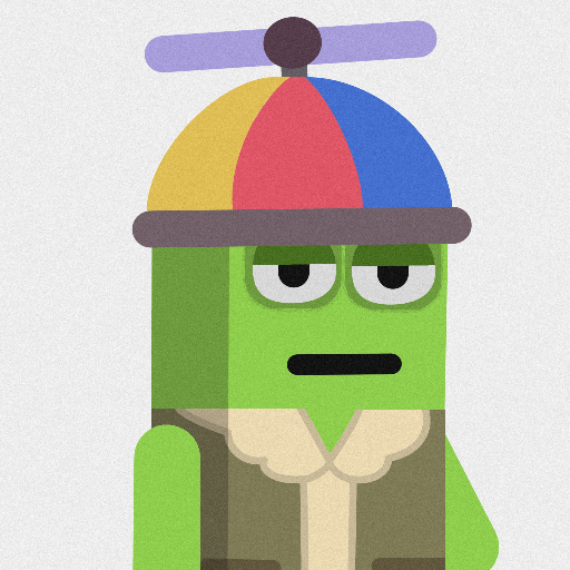 A cartoon illustration of a green robot-like character wearing a colorful propeller beanie hat with a bored expression.