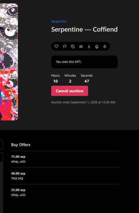 An NFT auction listing interface titled 'Serpentine' with subtitle 'Serpentine — Cofflend', showing 'You own this NFT', a countdown timer of 10 hours, 2 minutes, 47 seconds until September 1, 2026, and Buy Offers in XRP ranging from 35.00 to 75.00.