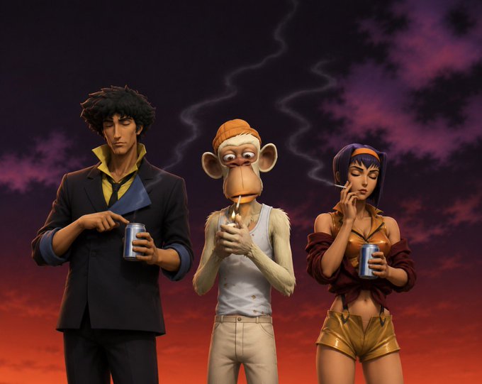 A 3D animated rendering of three stylized characters (a man in a suit, a monkey, and a woman) holding beverages against a purple and red sky.