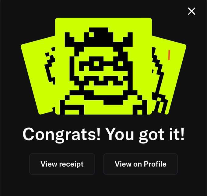 The image shows a pixelated green gremlin-style NFT character on a black background with the text "Congrats! You got it!" along with buttons to "View receipt" and "View on Profile." This appears to be a successful NFT mint notification from OnChainHoodies, which the user is expressing would have been their profile picture if not for Hood Lust.
