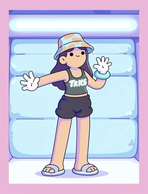 A cartoon illustration of a smiling girl with long brown hair, wearing a bucket hat, black crop top reading 'TKRE', and puffy shorts, waving against a pastel background.