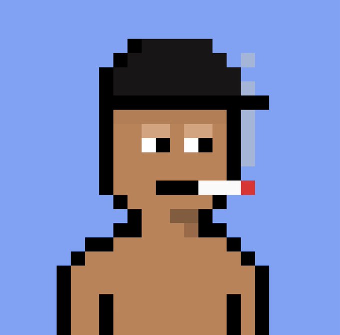 Pixel art portrait of a man with a backwards cap smoking a cigarette against a blue background.