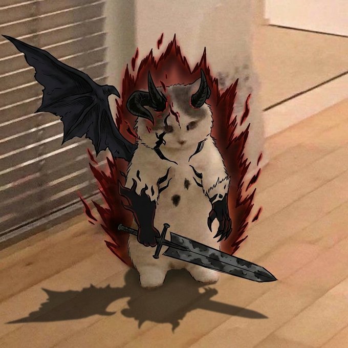 An AI-edited image of a small white cat digitally enhanced to look like a demon, featuring black horns, wings, dark claws, and holding a sword against a fiery red background.