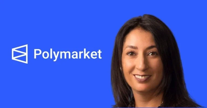 A smiling woman with long dark hair appears next to the Polymarket logo on a blue background.