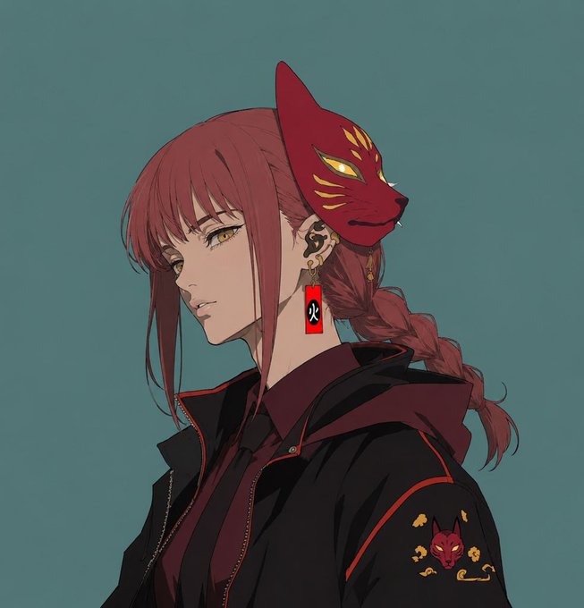 An anime-style illustration of a red-haired woman wearing a red fox mask on her head, with a matching fox design on her dark jacket and a red earring with black text.