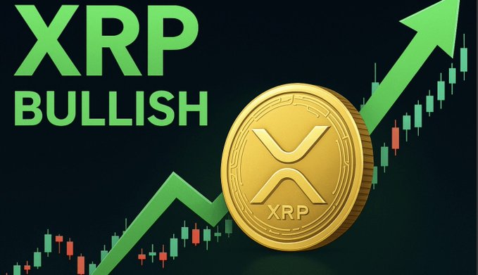 'XRP BULLISH' promotional image featuring a gold XRP coin and a green upward arrow over a candlestick chart.