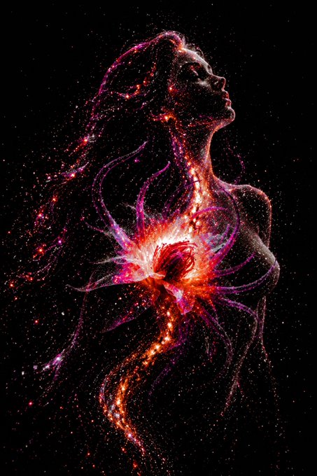Abstract cosmic artwork featuring the silhouette of a woman with her head tilted back, composed of glowing stars and swirling pink, orange, and purple nebula-like filaments emanating from a bright burst at her chest against a black background.