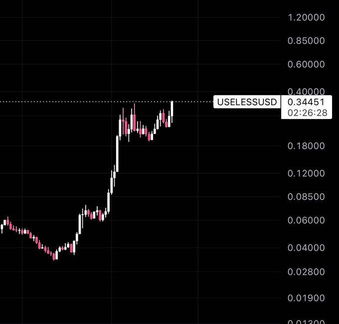 A black candlestick chart showing price movement with a highlighted label reading 'USELESSUSD 0.34451' and a timestamp of '02:26:28'.