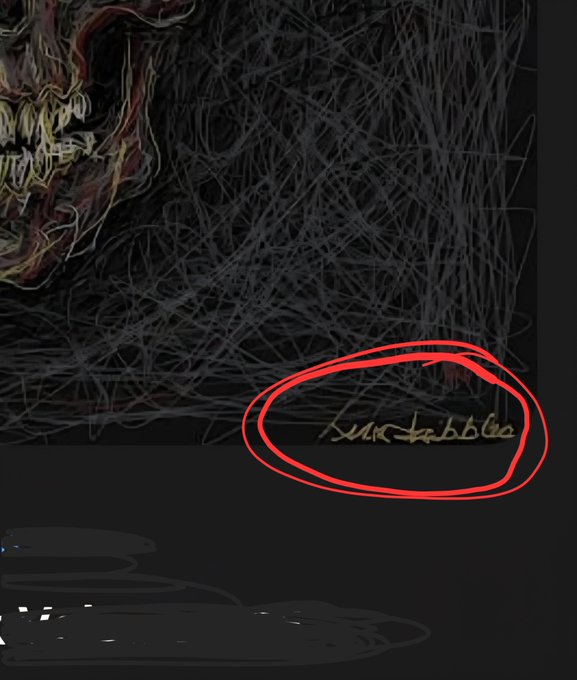 A dark, chaotic digital artwork filled with overlapping scribbled lines features a circled gold-colored signature that reads "SAR+biblea," serving as proof of the artist's stolen work being used by others without permission. The visible signature directly supports the caption's claim that the creator's art was plagiarized and resold after being run through an AI mood board.