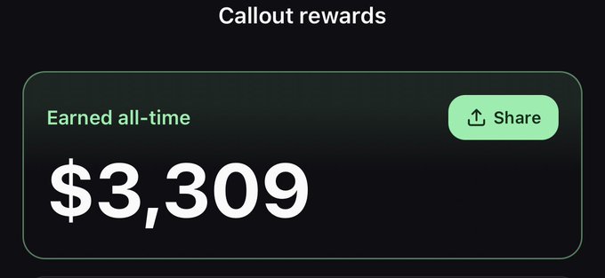 A screenshot showing "Callout rewards" with "Earned all-time: $3,309" displayed prominently, supporting the post's claim about earning substantial income from callouts on Pumpfun.