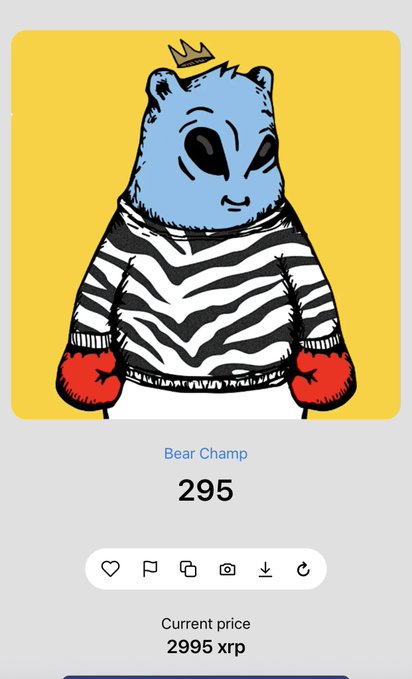 A digital illustration titled 'Bear Champ' featuring a blue bear-like alien wearing a striped sweater, crown, and red mittens, listed at number 295 with a current price of 2995 XRP.