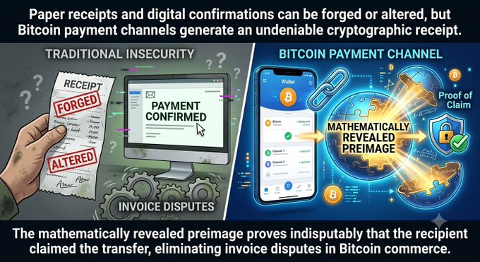 An infographic contrasting traditional insecurity (forged paper receipts and altered digital confirmations leading to invoice disputes) with Bitcoin payment channels, which generate a mathematically revealed preimage as cryptographic proof of claim.