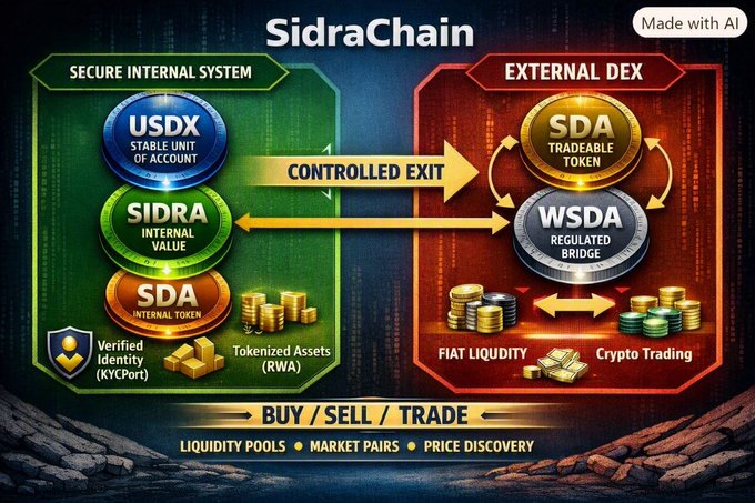 A diagram titled "SidraChain" illustrating a two-zone architecture: a green "Secure Internal System" containing USDX (Stable Unit of Account), SIDRA (Internal Value), and SDA (Internal Token) with tokenized assets (RWA), connected via a "Controlled Exit" to a red "External DEX" featuring SDA (Tradeable Token) and WSDA (Regulated Bridge), supporting Fiat Liquidity, Crypto Trading, Buy/Sell/Trade, Liquidity Pools, Market Pairs, and Price Discovery.

The image visually maps the layered capital flow described in the post, showing how internal assets (USDX → SIDRA → SDA) transition through a regulated bridge (WSDA) into external markets, reinforcing the concept of a controlled, transparent, and ethically structured token economy.