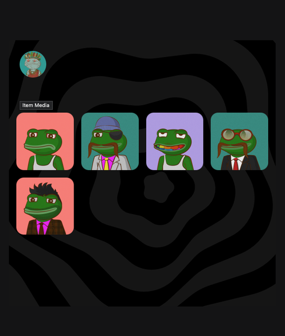A dark background features the Plague NFT frog profile picture alongside a row labeled "Item Media" displaying five character variations of the frog in different outfits and accessories, including a cap, eyepatch, suit with red tie, and spiked hair, illustrating the customizable profile picture options available to Plague Exodus NFT holders.