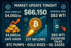 A 'Market Update Tonight' graphic showing Bitcoin at $66,150, with Iran conflict ($4,060/oz Safe Haven) and Hormuz risk ($83 WTI) headlines alongside 'BTC Pumps, Gold Rises, Oil Eases'.