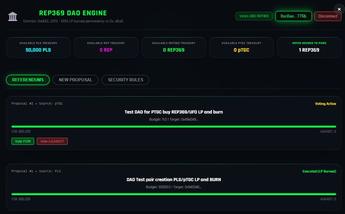A screenshot of the 'REP369 DAO ENGINE' interface showing treasury balances, with two proposals visible: 'Test DAO for pTGC buy REP369/UFO LP and burn' (Voting Active) and 'DAO Test pair creation PLS/pTGC LP and BURN' (Executed (LP Burned)).