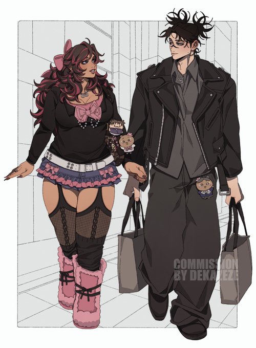 An anime-style illustration of a couple walking together, the woman in a pink and black outfit with bows and thigh-high boots, the man in a black leather jacket carrying shopping bags.