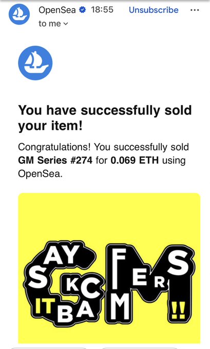 OpenSea notification stating 'You have successfully sold your item!' for GM Series #274 sold for 0.069 ETH, featuring a yellow graphic with stylized text.