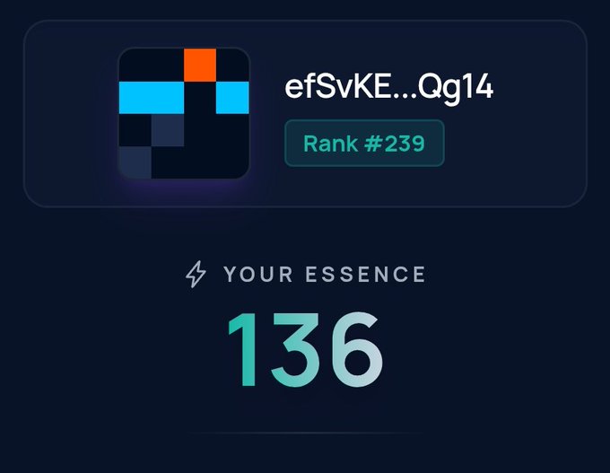 A digital interface shows a user profile with the username 'efSvKE...Qg14', a rank of '#239', and 'YOUR ESSENCE' score of '136' displayed below a pixelated avatar.