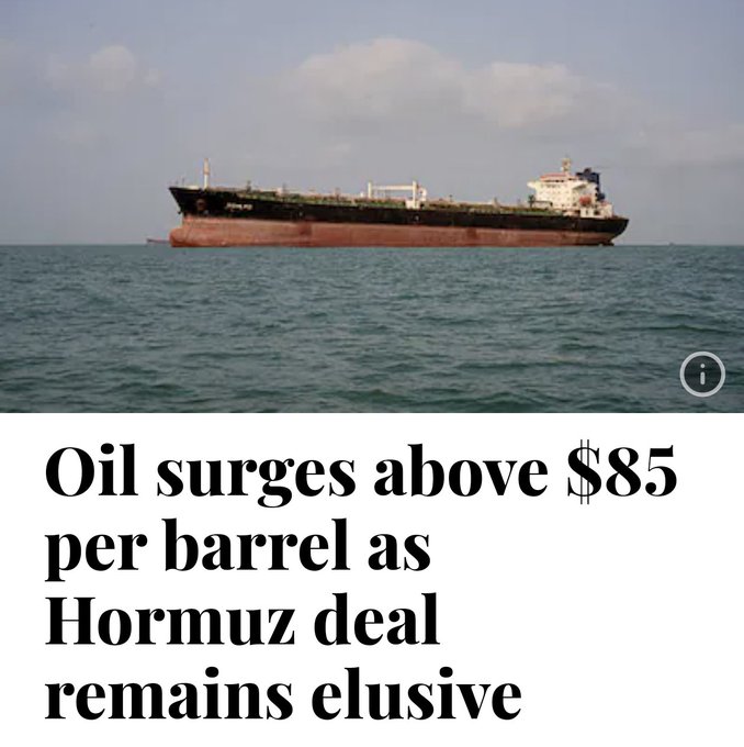 Reuters-style news image showing an oil tanker at sea with the headline "Oil surges above $85 per barrel as Hormuz deal remains elusive".