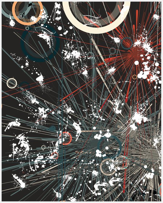 An abstract artwork features chaotic intersecting lines, circles, and splatters of white, red, and blue against a black background.