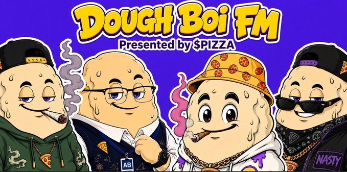 The image is a vibrant promotional banner for "Dough Boi FM," presented by $PIZZA, featuring four cartoonish "dough" characters dressed in pizza-themed streetwear, with the central figure wearing a pizza-patterned bucket hat and others sporting backwards caps and sunglasses. The "NASTY" character on the right aligns with the bold, hype-focused branding of the crypto/Web3 radio show announcement, which promotes a live broadcast on Sunday, Aug 23 at 1PM EST featuring pizza-themed giveaways and alpha for the Pizza Core community, tagging @slice__pay, @cryptojourneyrs, and @Crust_Co.