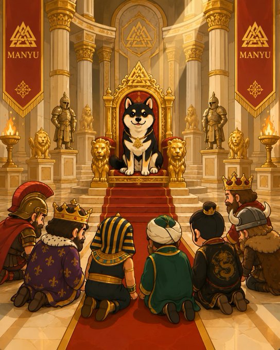 An illustration showing a Shiba Inu dog seated on a throne in a grand hall, with various rulers and a knight kneeling before it, branded with 'MANYU' logos on red banners.