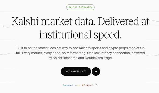 A Kalshi promotional webpage with the headline "Kalshi market data. Delivered at institutional speed," featuring a "BUY MARKET DATA" button and "Connect your AI Agent" link.