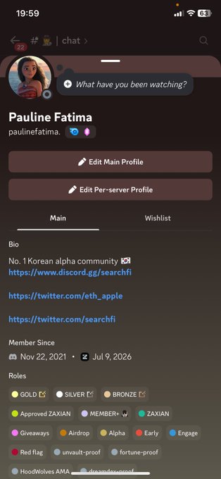 A screenshot of a Discord profile page for 'Pauline Fatima' (paulinefatima) showing she is a member of 'No.1 Korean alpha community' since Nov 22, 2021, with various roles like GOLD, SILVER, BRONZE, and Alpha.
