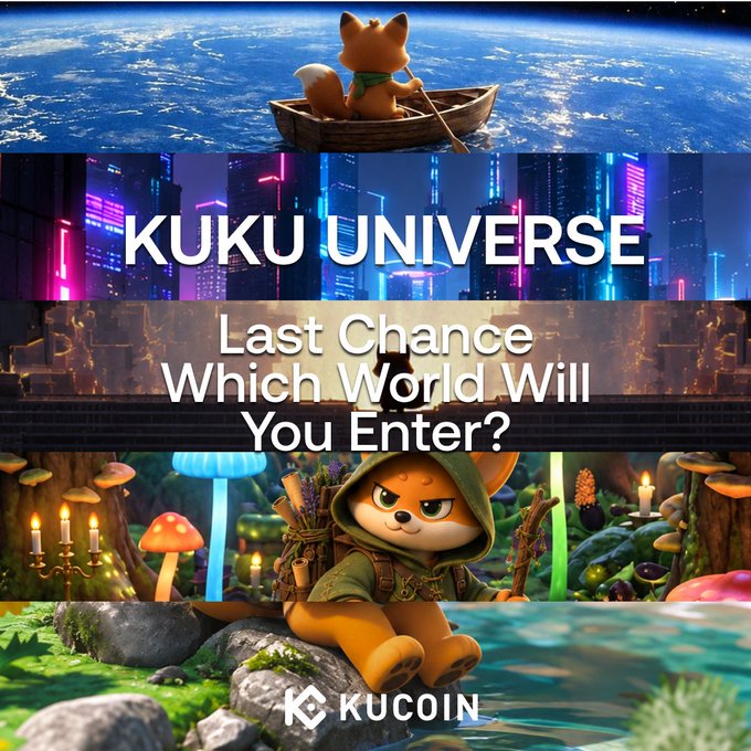 A promotional graphic for KuCoin's "KuKu Universe" campaign features the text "KUKU UNIVERSE: Last Chance Which World Will You Enter?" across four distinct fantasy worlds—a cosmic seascape, neon cyberpunk city, mystical mushroom forest, and watery landscape—each centered around an adventurous fox character with arrows strapped to its back. The KuCoin logo anchors the bottom of the image, tying the visual worlds to the trading campaign offering instant rewards, exclusive postcards, and lucky draw entries for users who trade $100+ in futures and post their badges with @KuCoinCom and #KuKuUniverse.