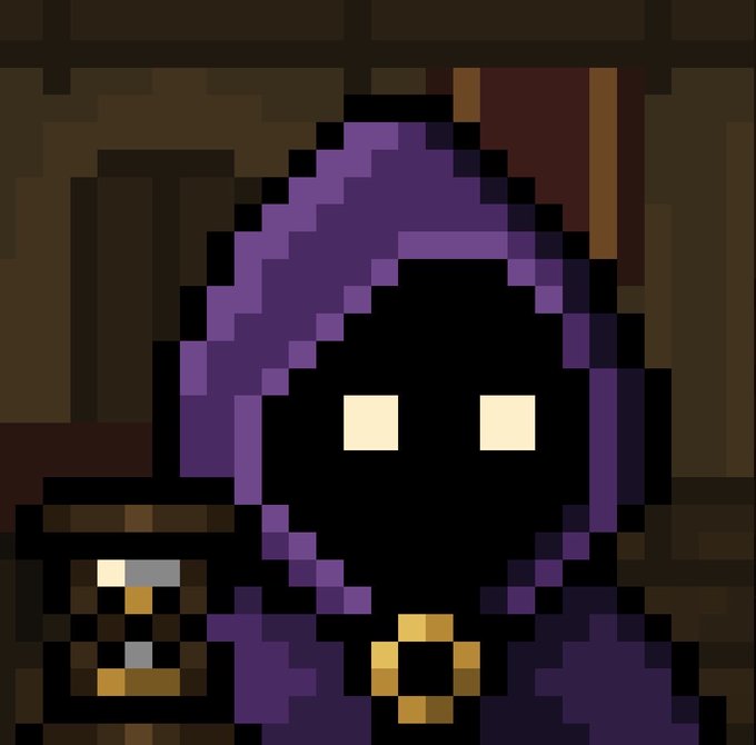 A pixel art character wearing a purple hooded robe with glowing yellow square eyes and a yellow belt buckle.