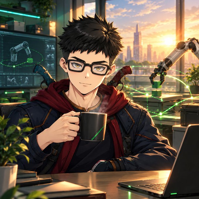 Anime-style illustration of a young man with glasses drinking from a black mug in a high-tech lab with robotic arms and holographic displays.