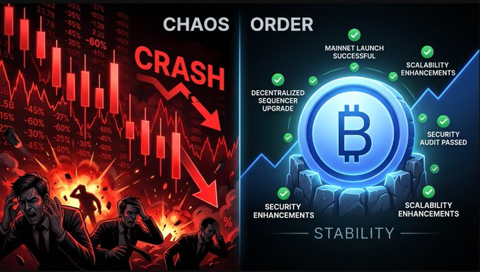 A split graphic contrasting 'CHAOS' (red crash imagery, falling candlesticks, and distressed figures) with 'ORDER' (a Bitcoin symbol, checkmarks, and bullet points like 'MAINNET LAUNCH SUCCESSFUL,' 'SECURITY AUDIT PASSED,' and 'STABILITY').