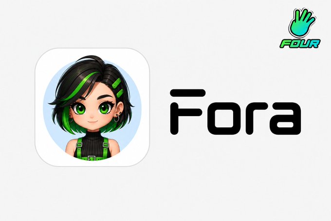 A logo and app icon for 'Fora' featuring a chibi-style character with black and green hair, alongside a green 'FOUR' hand logo.