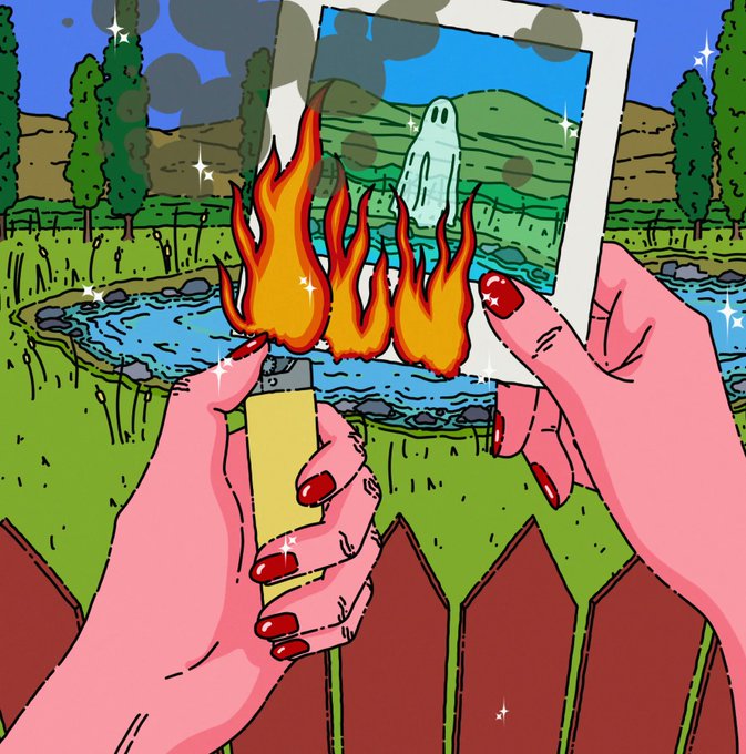 A colorful pop-art illustration shows hands holding a photograph of a ghost near a stream while a lighter emits a large flame.