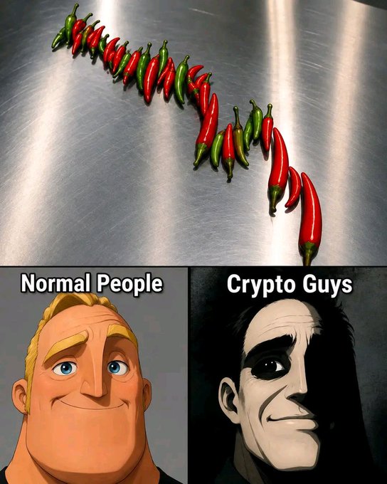 A four-panel meme showing chili peppers arranged in a downward-pointing arrow on a metal surface, contrasted with 'Normal People' (Mr. Incredible smiling) vs 'Crypto Guys' (dark, haunted-looking face), joking about crypto holders' reaction to spicy/dip markets.