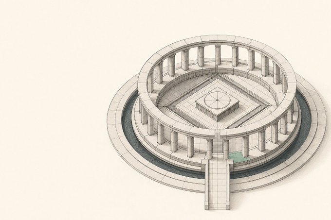 An isometric sketch of a classical circular temple with colonnades surrounding a central square platform, rendered in a minimalist architectural style.