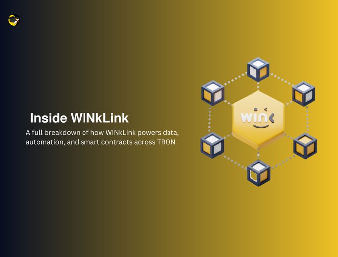 In this image, there's a poster that displays information about the Inside Winklink platform. The main focus of the image is a hexagon-shaped design with a smiley face placed centrally within it. A title at the top reads "Inside Winklink" followed by a subheadline that says "A full breakdown of how WINklink powers data, automation and smart contracts across TON." Below this text, there's an explanation of what the winklink platform does for the user community to share. The image seems to be designed with simplicity in mind, making it easy for anyone to understand its content.