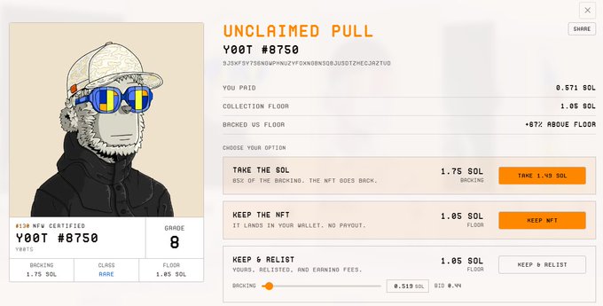 The image shows a "Y00T #8750" NFT unclaimed pull screen with a grade 8 Rare Certified tag, offering three options: Take 1.75 SOL, Keep the NFT for 1.05 SOL floor, or Keep & Relist at 1.05 SOL.

The user is asking whether to cash out at 1.75 SOL (a 2.6x return on their 0.571 SOL paid) or keep/relist the rare NFT, and the image displays the exact decision screen they're deliberating on.
