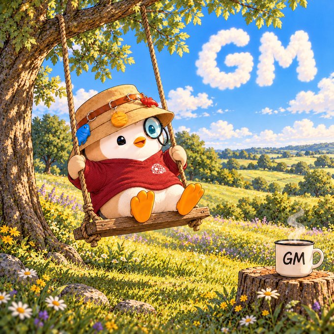 A cute cartoon penguin wearing a hat and red sweater sits on a wooden swing in a sunny meadow, with the letters 'GM' formed by clouds in the sky and on a coffee mug.