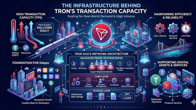 In this image, there is a detailed infographic about Bitcoin that illustrates the intricate workings of a blockchain ecosystem. The infographic emphasizes the importance of having efficient infrastructure to support real-world demand for transactions, specifically focusing on Bitcoin as an example. It also highlights key features like TRON's transaction capacity and the DAO network architecture, showcasing how these elements contribute to maintaining efficiency and reliability within the system.