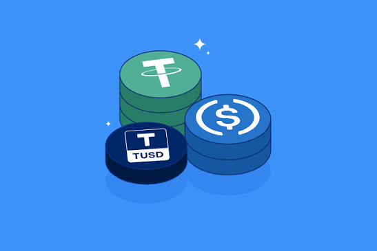 An illustration showing stacks of coins with 'T' and 'TUSD' (TrueUSD) logos alongside a coin with a dollar sign on a blue background.