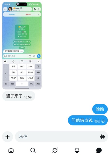 Chinese social media chat conversation with someone named Sunny, including messages about borrowing money and a reference to a scammer.