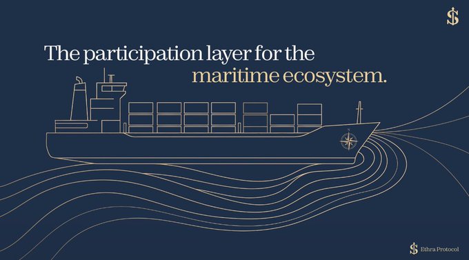 A navy blue graphic featuring a line drawing of a cargo ship above stylized waves, with the text 'The participation layer for the maritime ecosystem.' and 'Sihra Protocol' logo in the corner.
