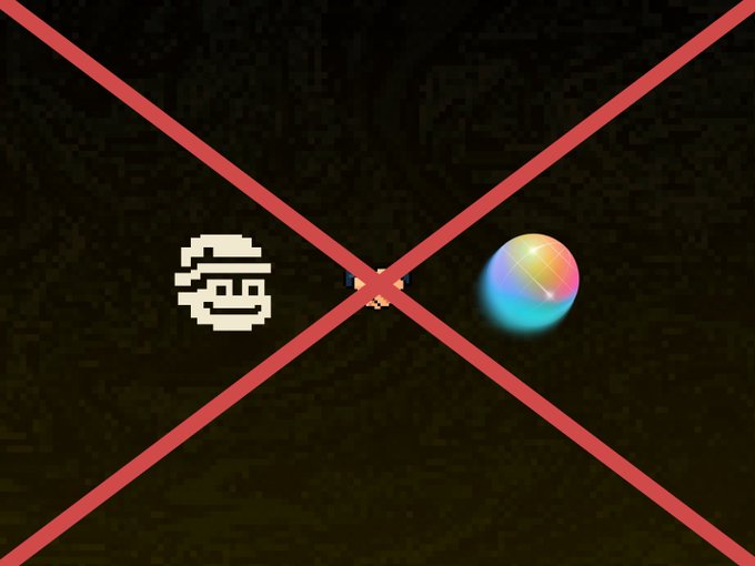 An image with a large red X across the center, crossing out three pixelated emojis: a smiling face, a small character, and a colorful egg, symbolizing the cancellation or rejection of a partnership between Worldcoin (@world_xyz) and Mattlefun, who is reaffirming its commitment to Solana (@solana).