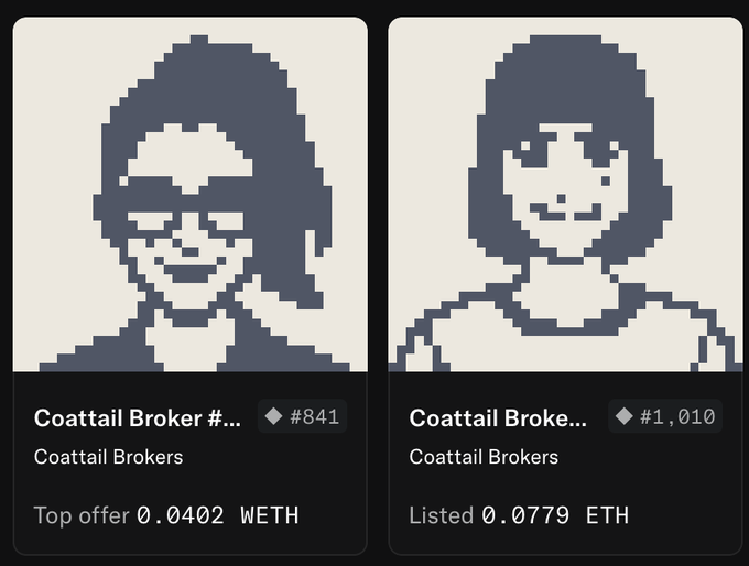 Two pixel-art 'Coattail Broker' NFTs (#841 and #1,010) from the Coattail Brokers collection, with listed prices of 0.0402 WETH and 0.0779 ETH respectively.
