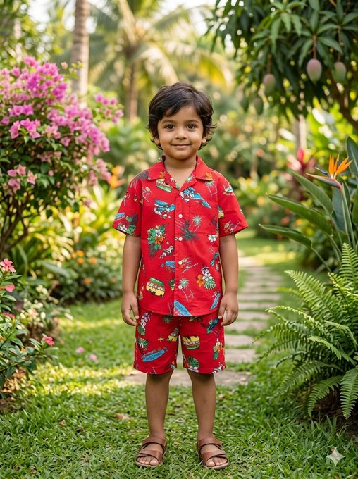 The image features a young boy wearing a red shirt with a picture of a surfboard, standing in front of some flowers and trees. The boy appears to be posing for a photo or participating in an event related to surfing or outdoor activities. The background includes palm trees and other plants, creating a natural setting that complements the theme of the image.